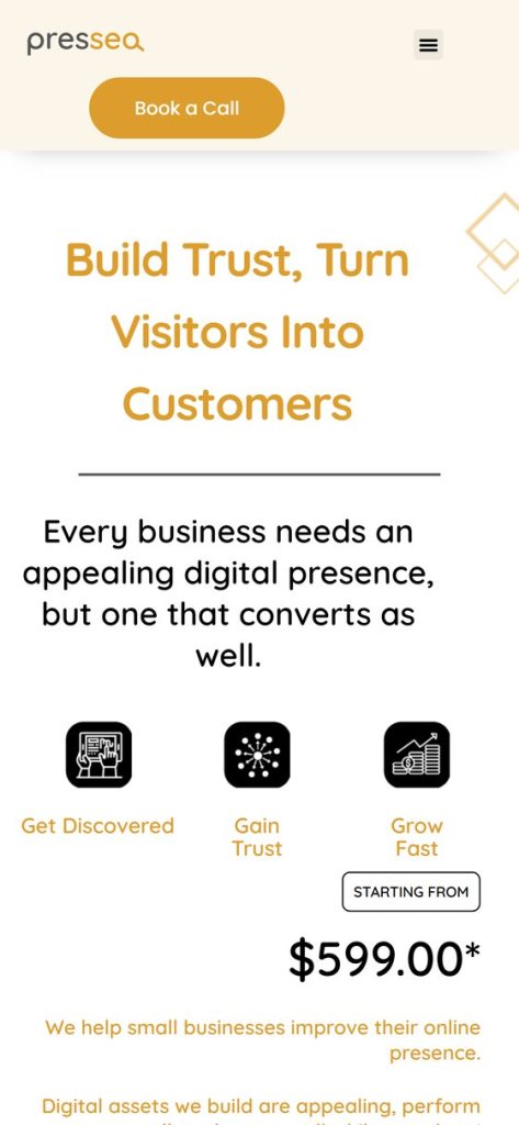 Presseo website, homepage on mobile