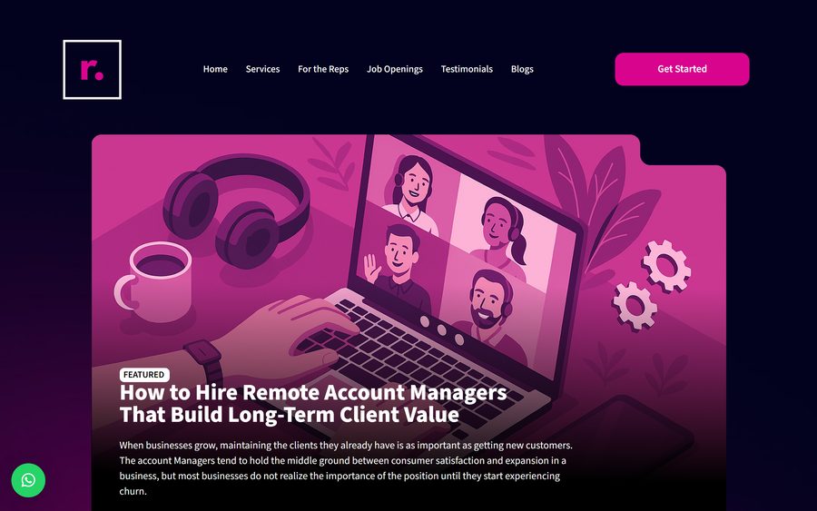 The Remote Reps website, an interior page